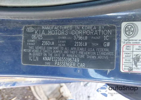 2005 Kia Spectra Ex/Lx/Sx из США, поврежденный, VIN KNAFE121655196749